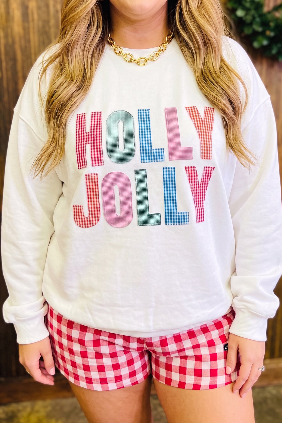 White HOLLY JOLLY Gingham Plus Size Christmas Sweatshirt