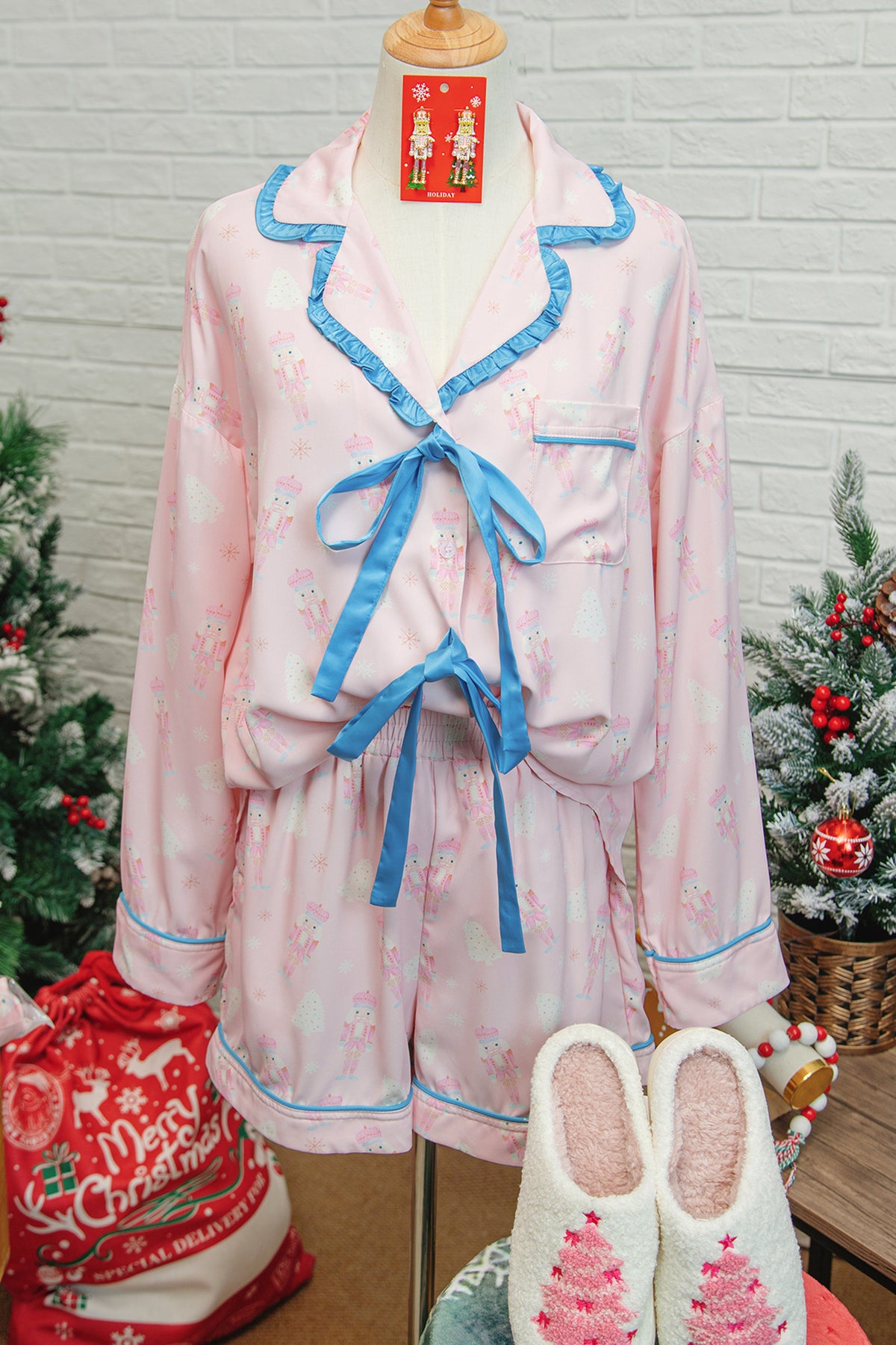 Pink Nutcracker Bow Tie Front Long Sleeve Shirt and Shorts Pajama Set