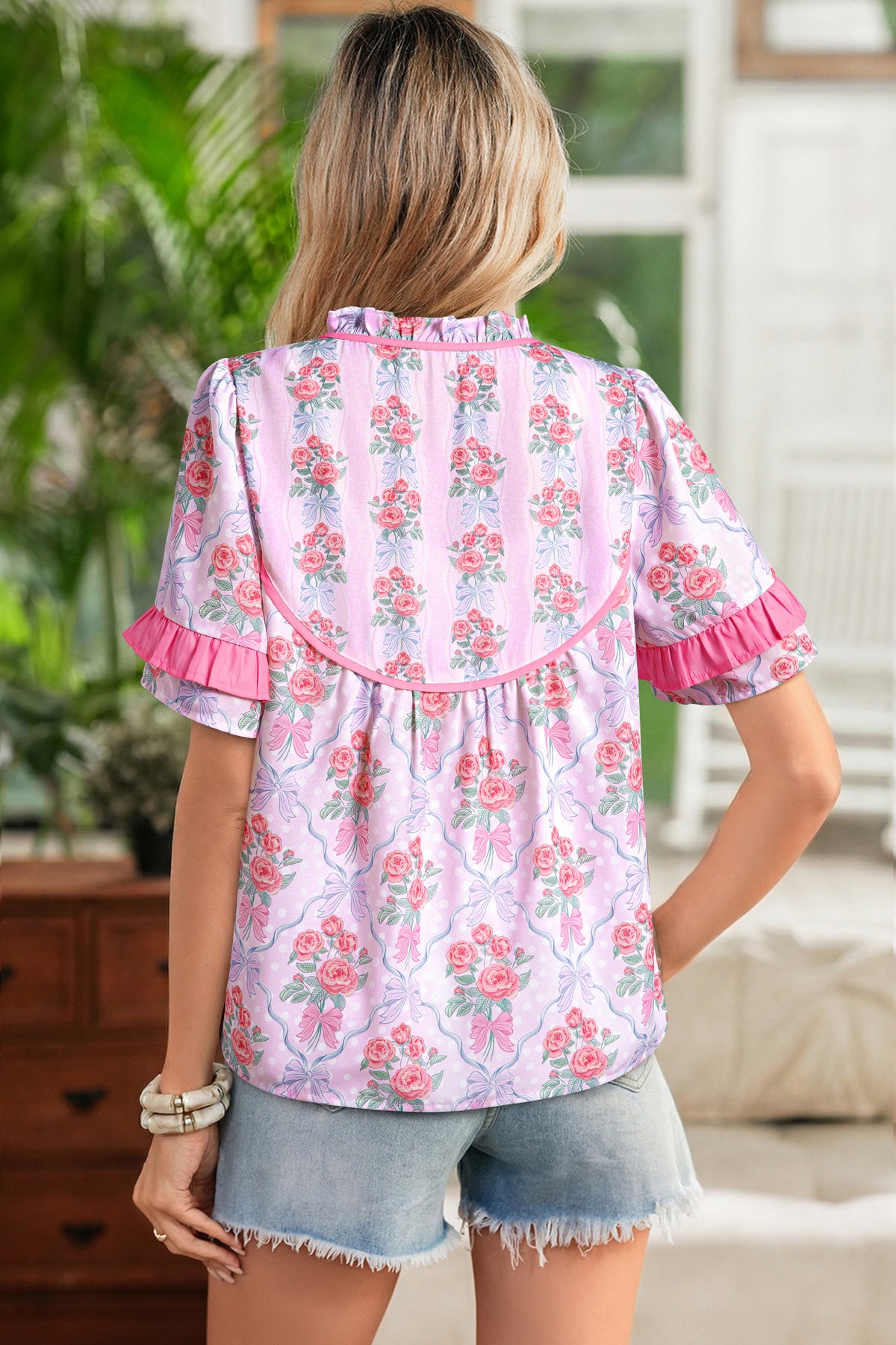 Purple Coquette Floral Bow Contrast Ruffled Short Sleeve Blouse