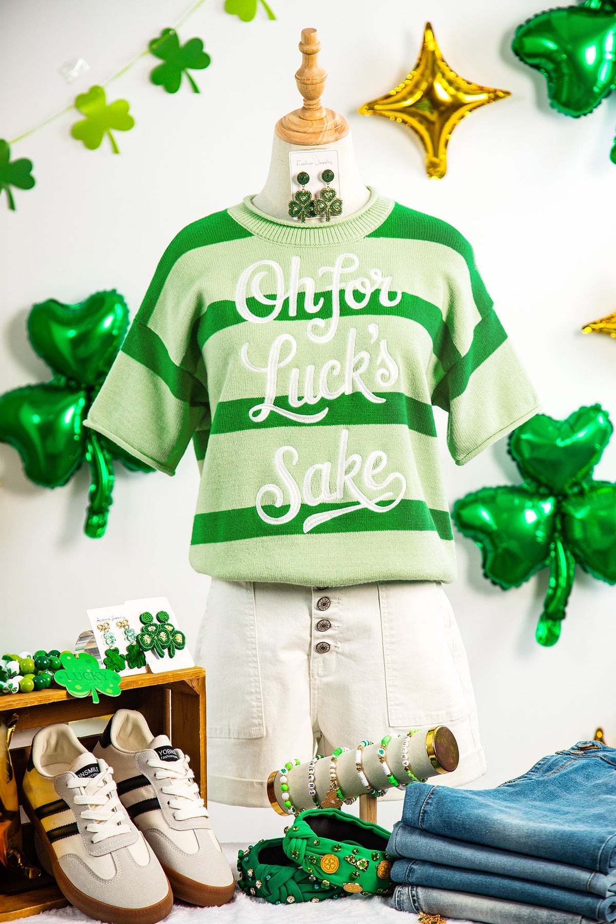 Green Stripe Oh for Lucks Sake St Patricks Day Short Sleeve Sweater