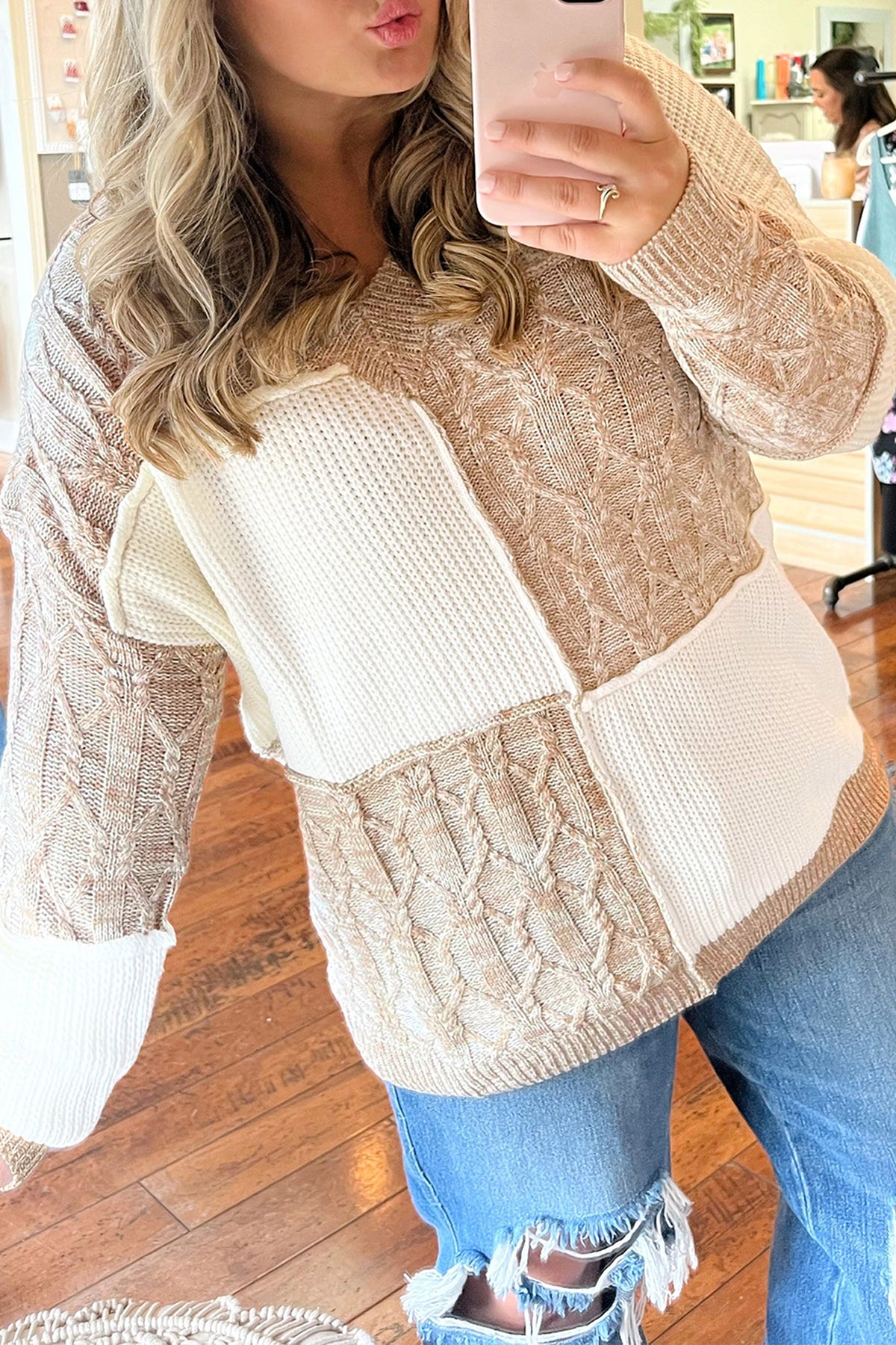 Parchment Color-Block V-Neck Long-Sleeve Tunic Loose Fit Plus Size Sweater