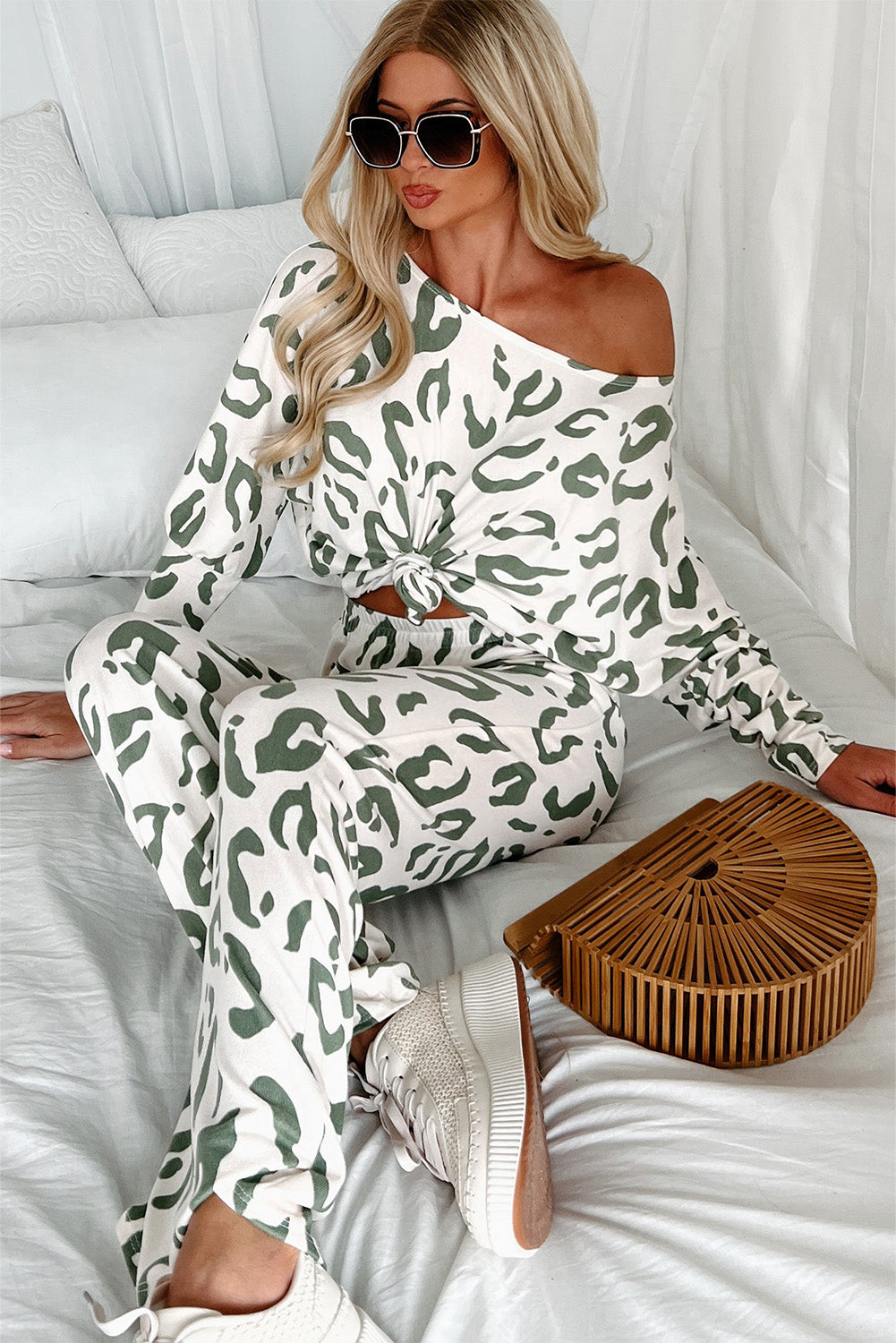 Beige Leopard Animal Print Long Sleeve and Pants Lounge Set