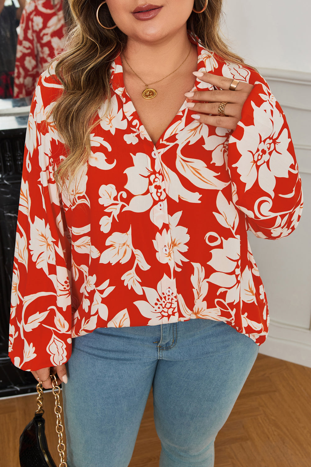 Red Plus Size Floral Print Loose Button-Up Shirt