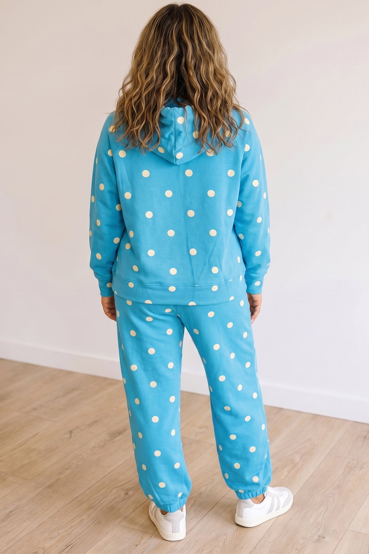 Blue Polka Dot Hooded Drawstring Long-Sleeve Plus Size Set