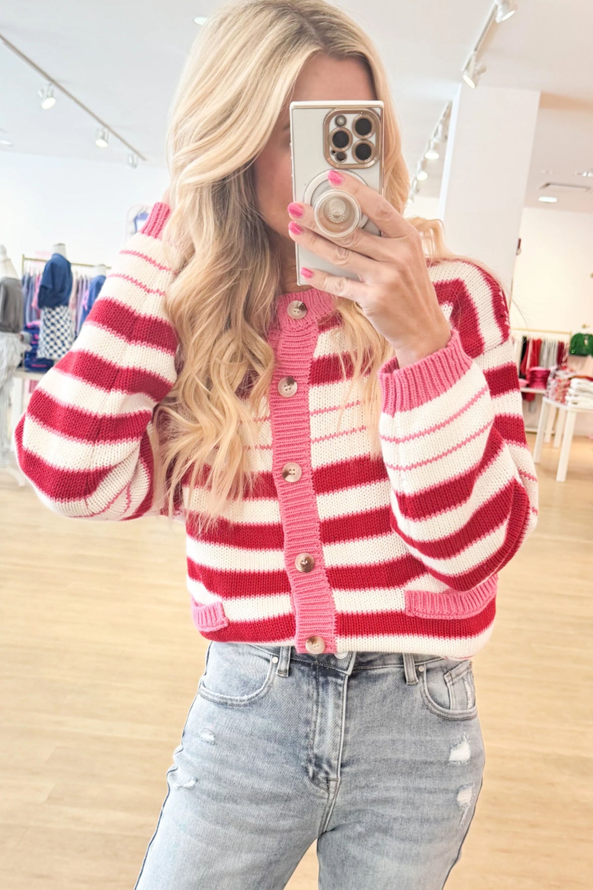 Red Stripe V Neck Long Sleeve Cardigan