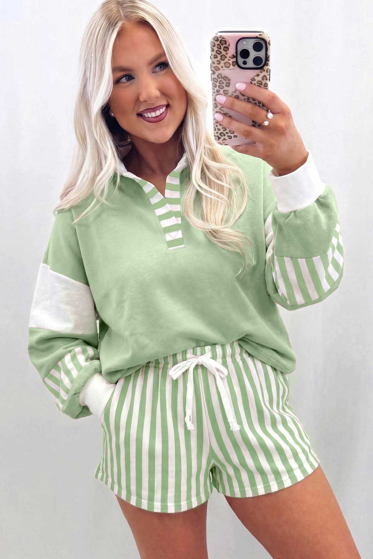Women's Black Striped Color Block Pullover Top Drawstring Shorts Set
