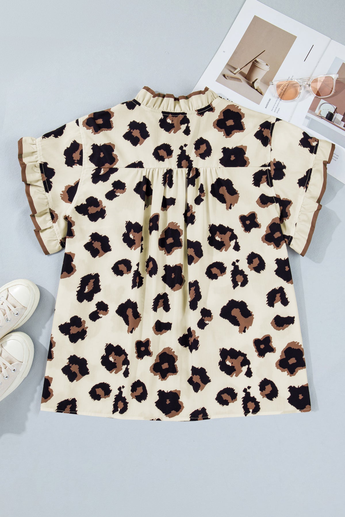 Khaki Plus Size Leopard Print Frilled Color-Block Trim Button Down Short-Sleeve Blouse
