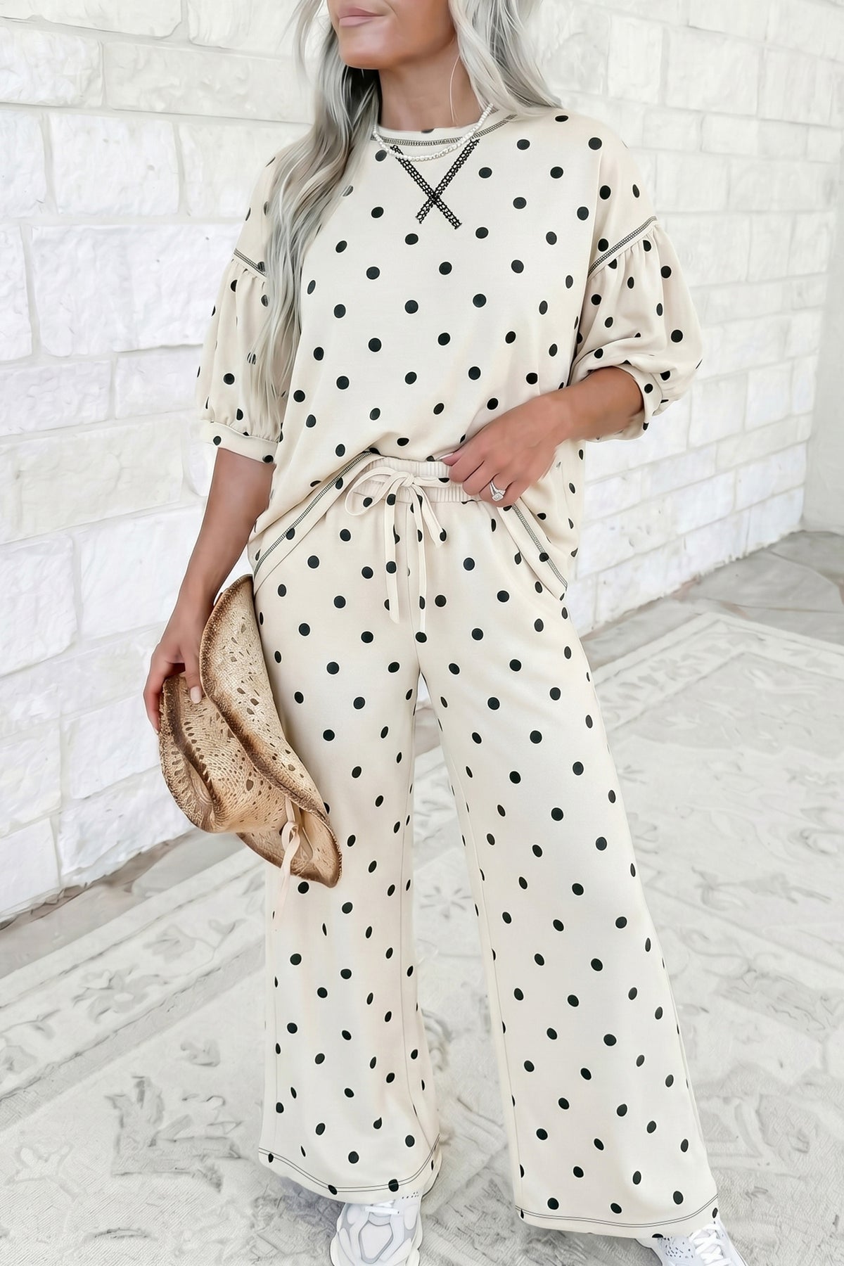 Women's Black Polka Dot Half Sleeve Loose Top Elastic Waist Casual Pants Set