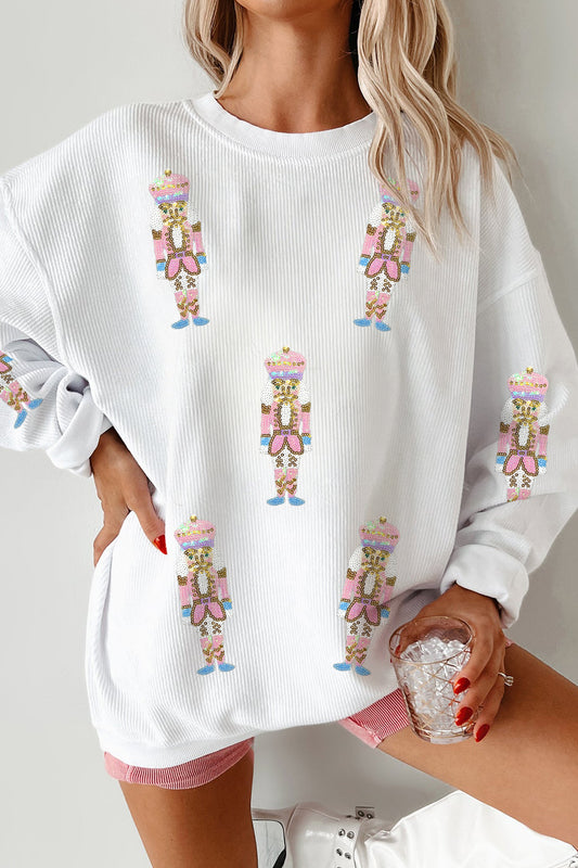 White Corded Rib Sequin Patched Nutcracker Graphic Drop Shoulder Sweatshirt