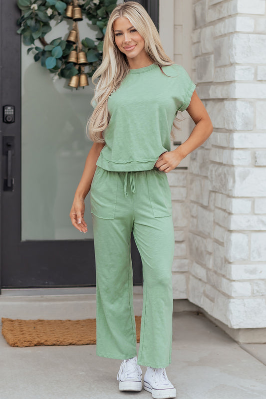 Women's Canton Cuffed Short-Sleeve Tee Raw Seam Patch Pocket Drawstring Pants Set