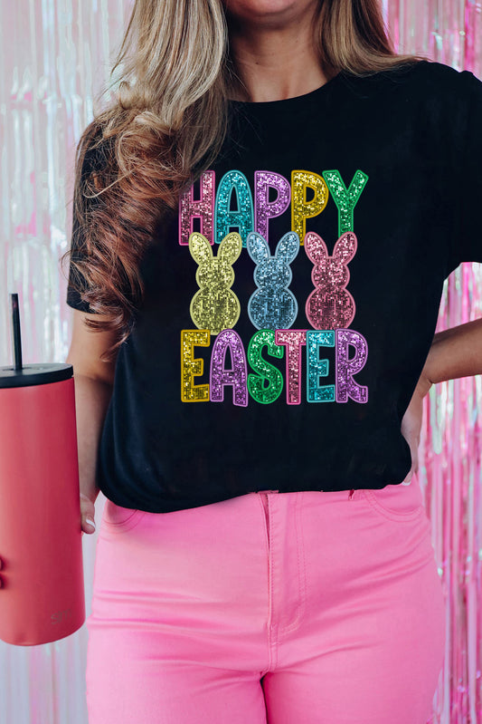 Black Glittering Bunny HAPPY EASTER Graphic T-Shirt