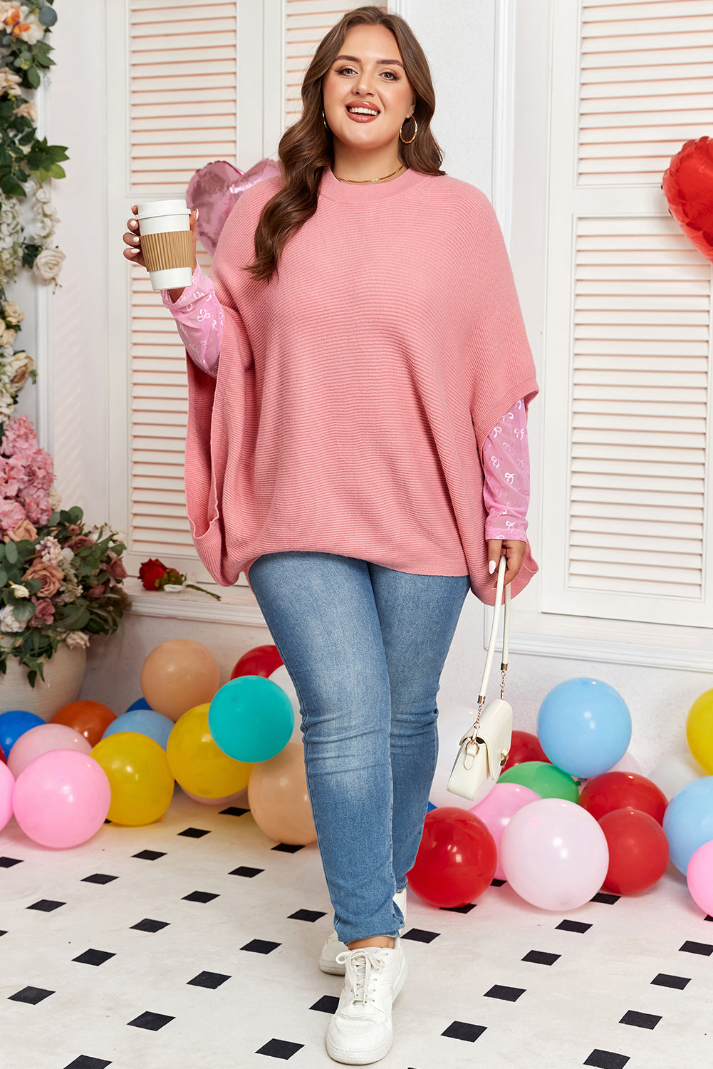 Light Pink Ribbed Knit Half-Sleeve Plus Size Poncho Style Sweater