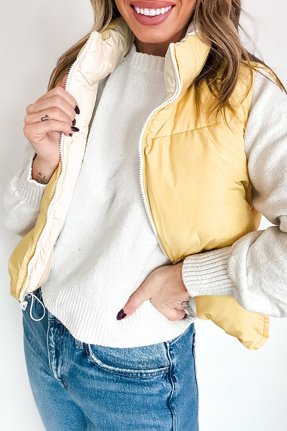Parchment Reversible Double Wear Color Stand Neck Zip Pocket Quilted Vest