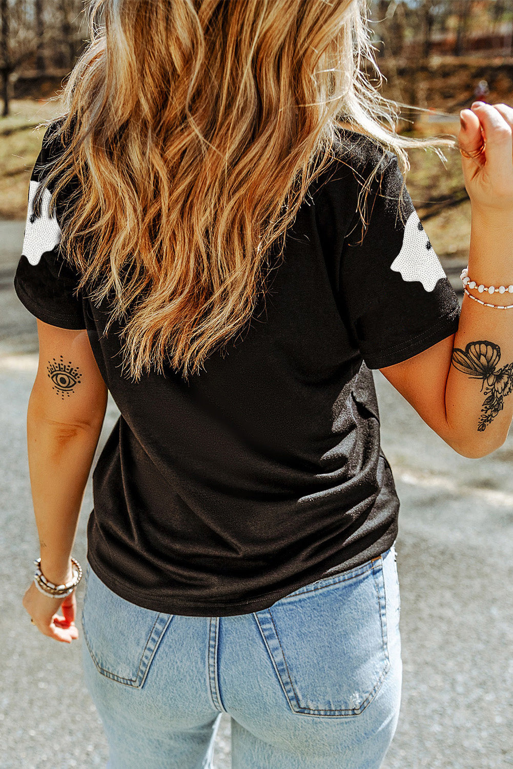 Black Sequin Halloween Ghost Patched Casual T-Shirt