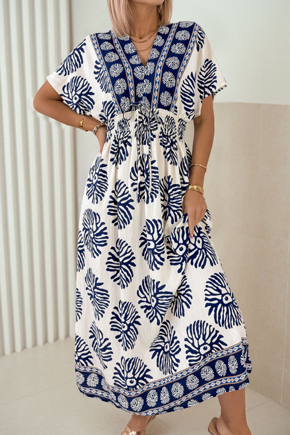 Blue Floral V-Neck Maxi Dress
