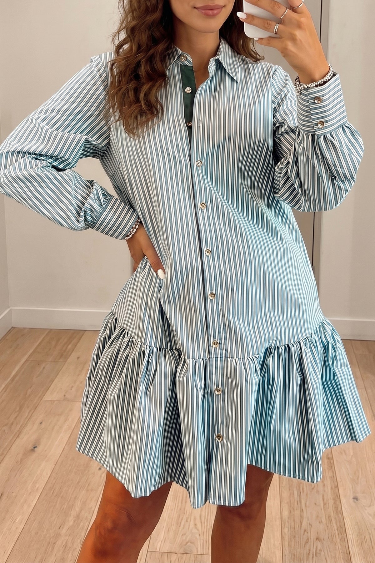 Green Stripe Shift Long Sleeve Dress