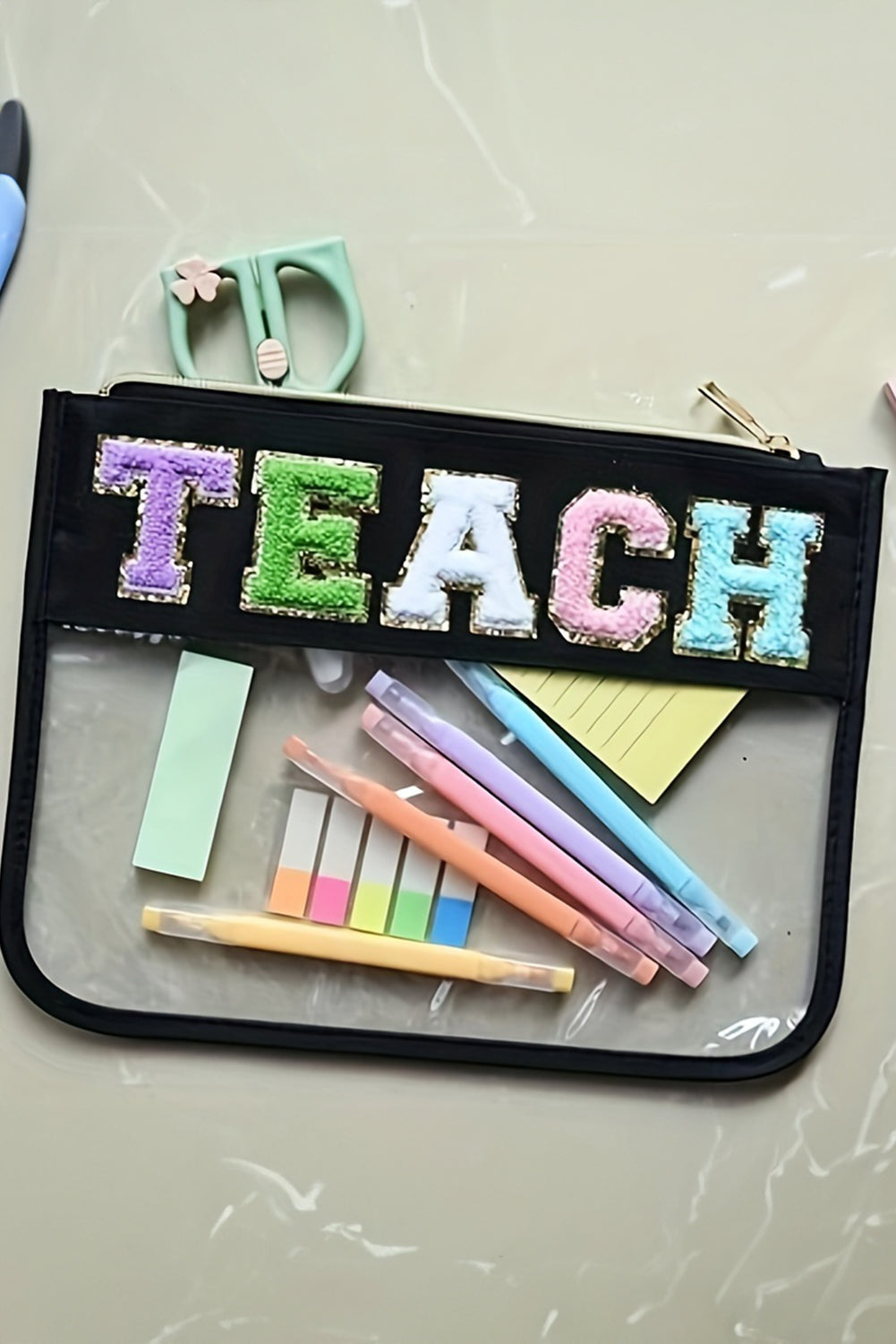 Black TEACH Glitter Chenille Clear PVC Makeup Bag