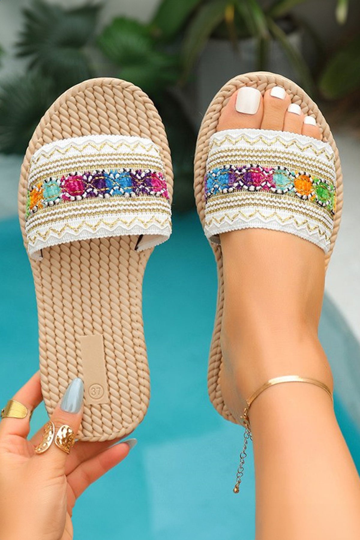 Parchment Bohemian Vacation Woven Colorful Wide Band Sandals