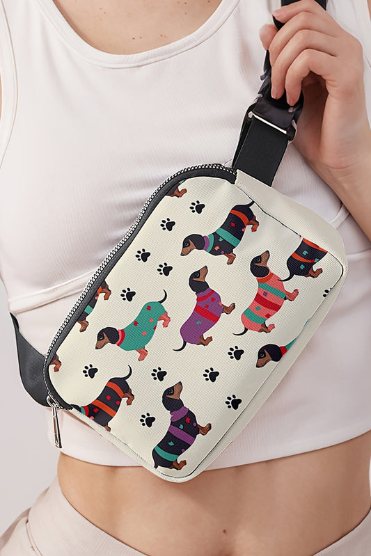 White Dachshund Walking Footprint Crossbody Bag