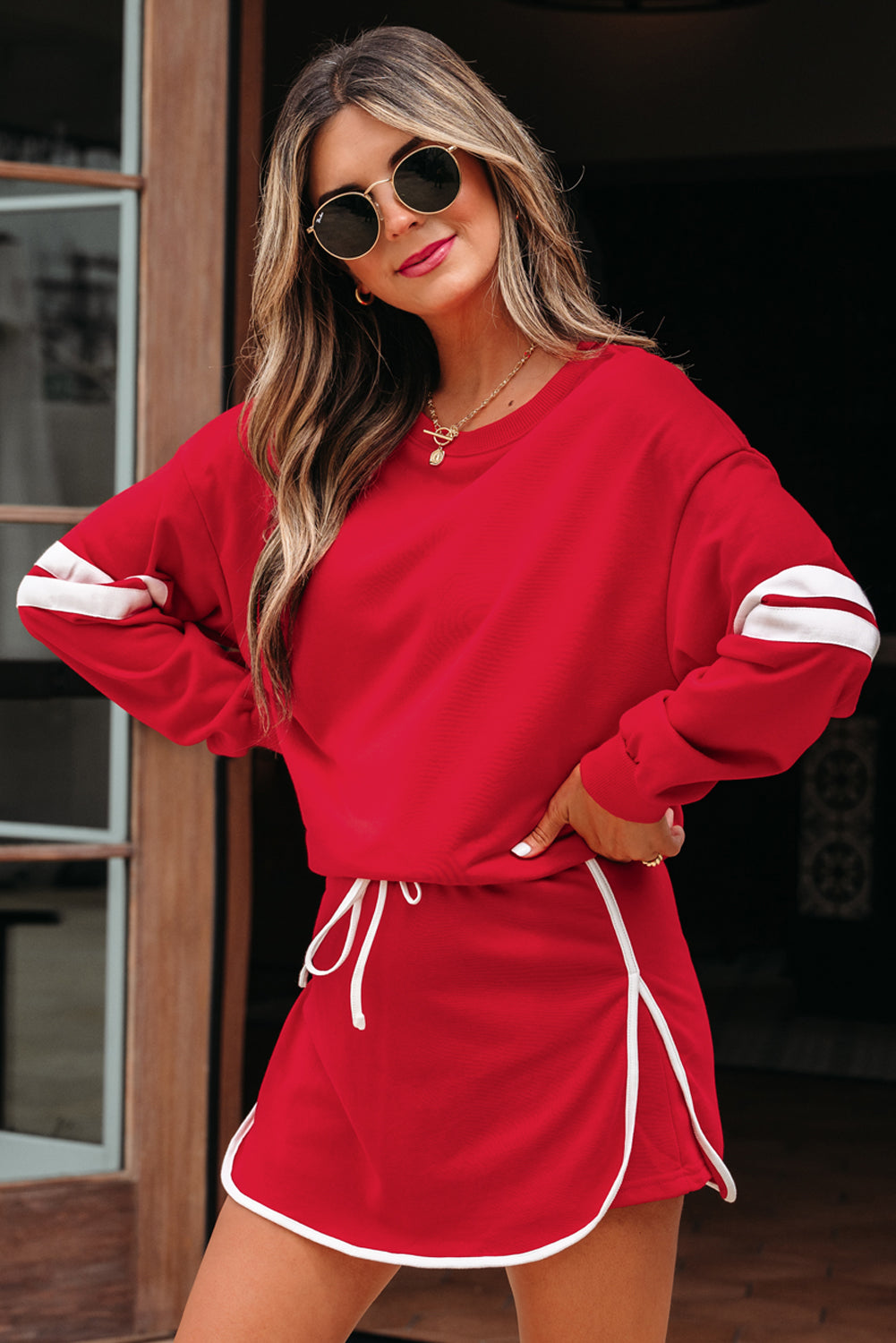 Women's Tillandsia Purple Varsity Stripe Detail Drop Shoulder Pullover Mini Skort Two-Piece Set