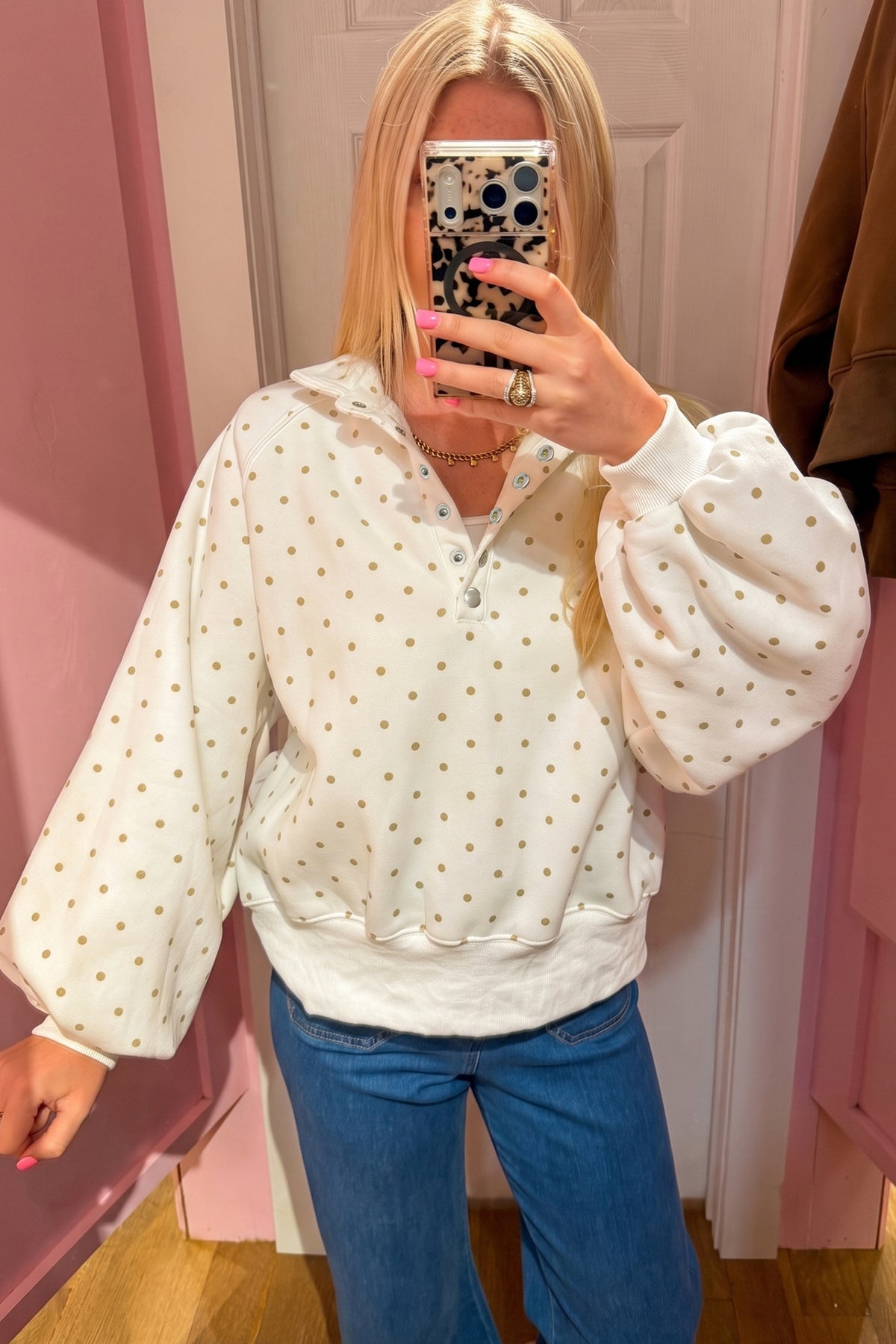 Black Polka Dot Print Metal Button Collar Sweatshirt