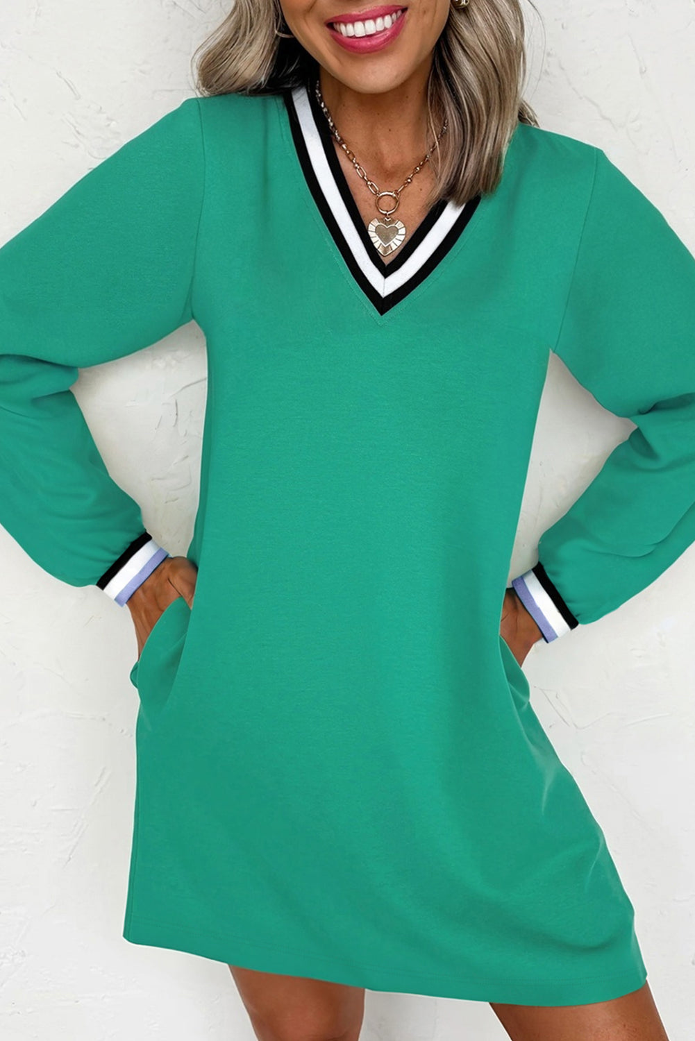 Mint Green Varsity Striped V Neck T Shirt Dress with Pockets