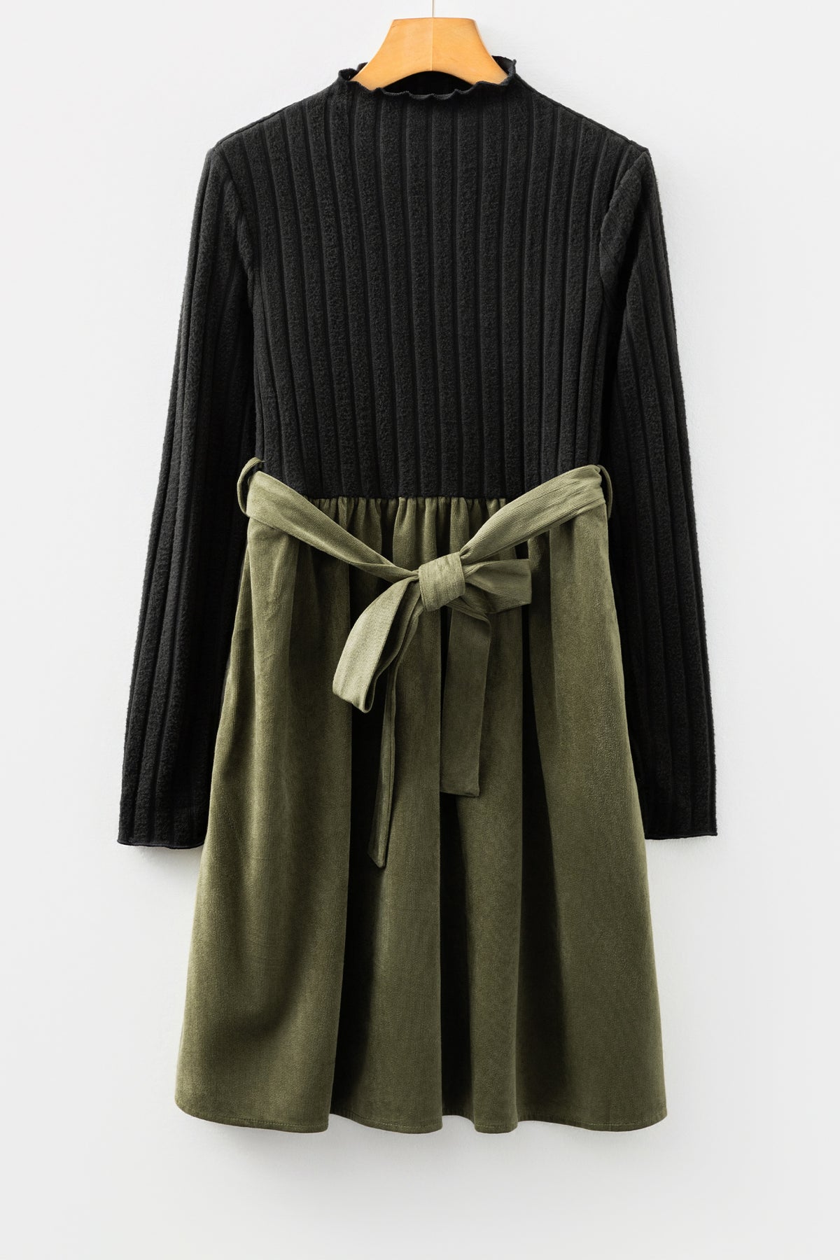 Black Ribbed Knit Slim Bodice Flared Skirt Patchwork Belted Dress
