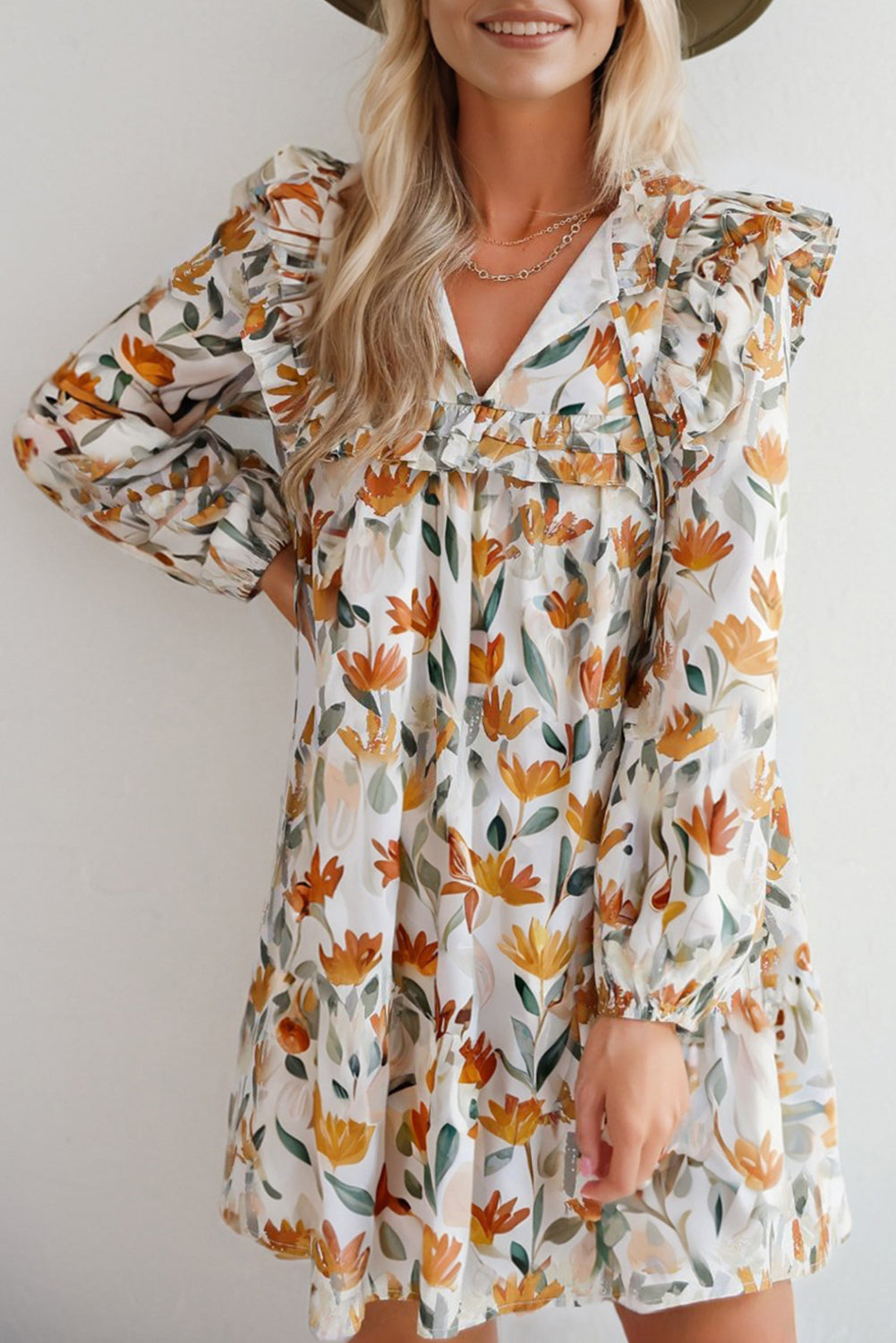 Yellow Floral Print Tie Neck Detail Long Sleeve Mini Dress