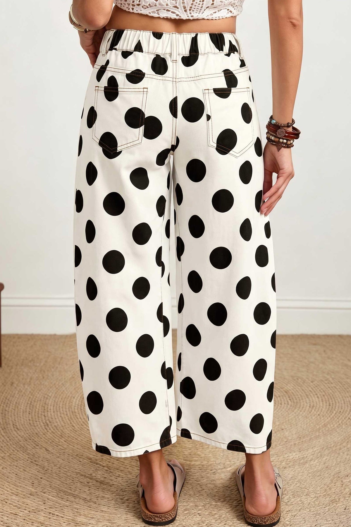 White Polka Dot Ankle Length Barrel Jeans