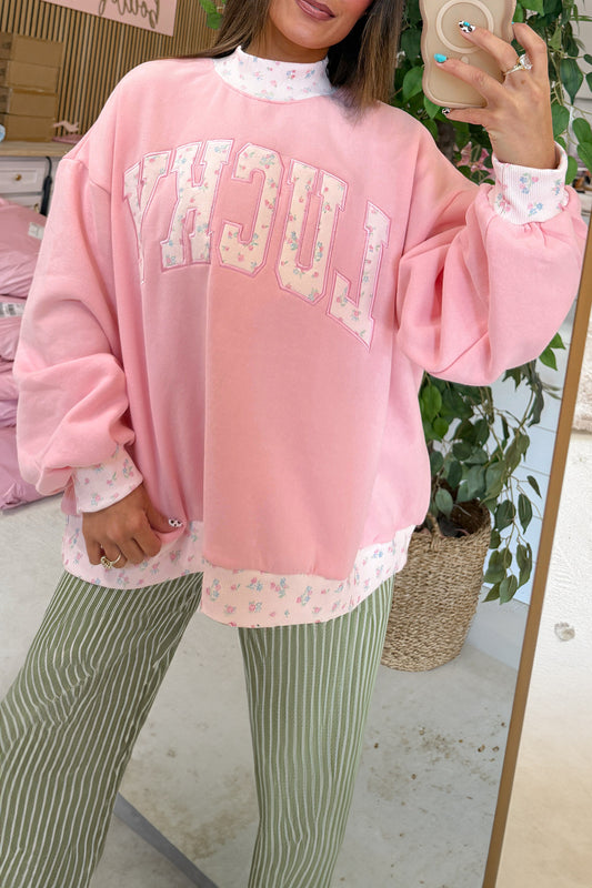Pink High Neck Floral Patch Embroidery Sweatshirt