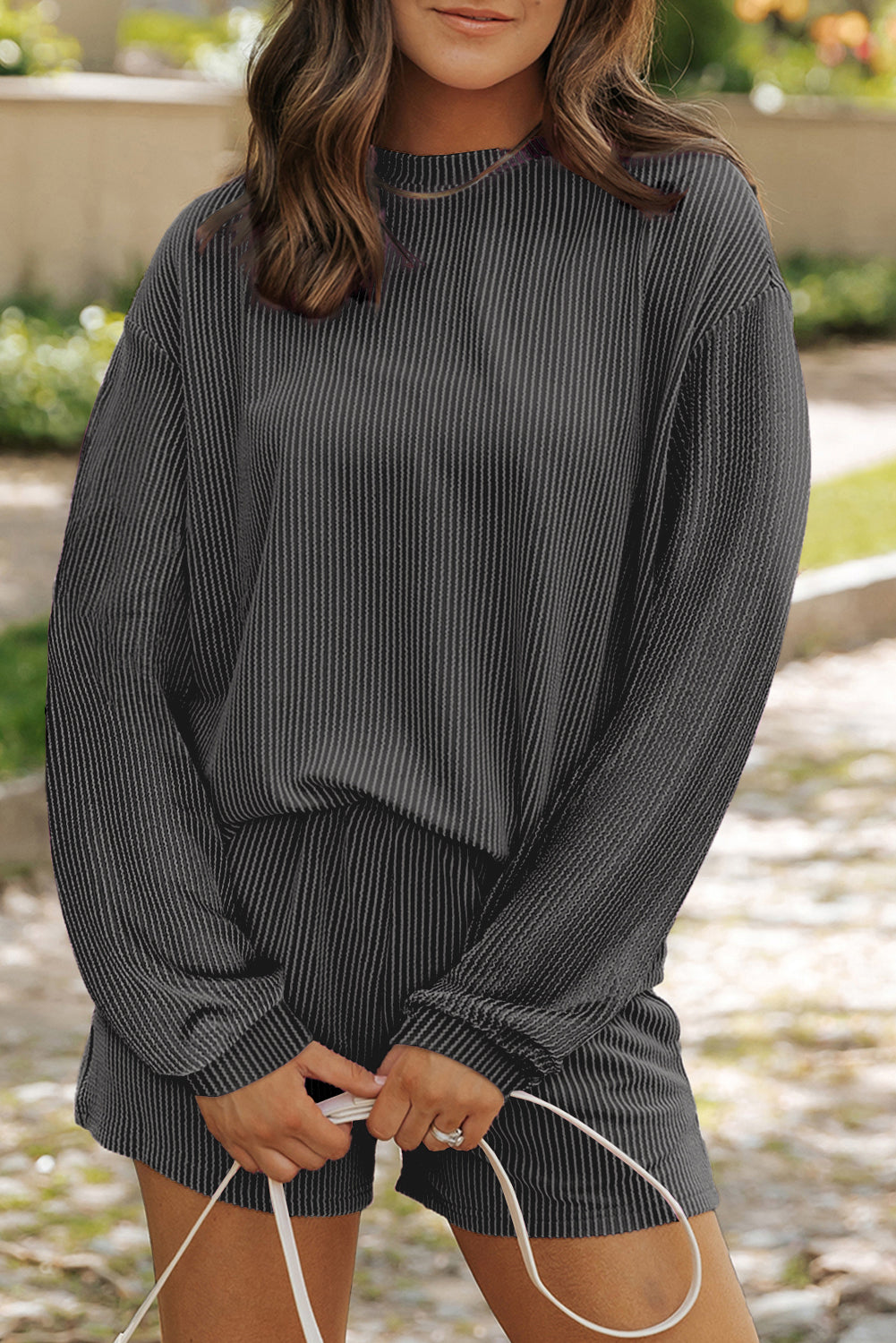 Women's Corded Knit Long-Sleeve Top & High-Waist Shorts Set
