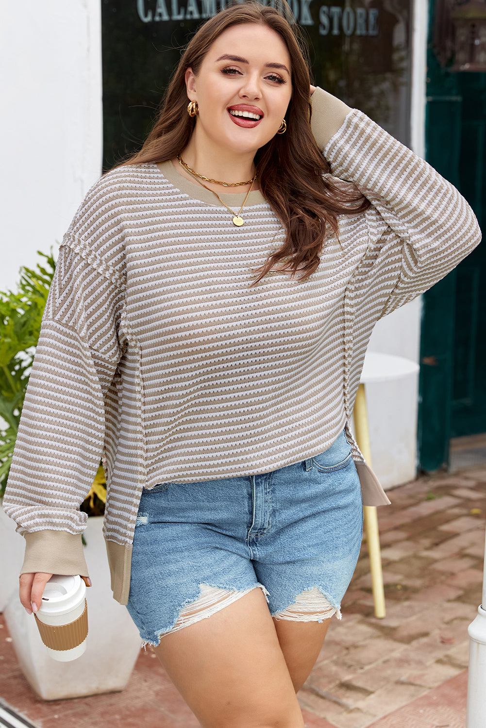 Brown Stripe Plus Size Breathable Knit Ribbed Trim Long-Sleeve Top