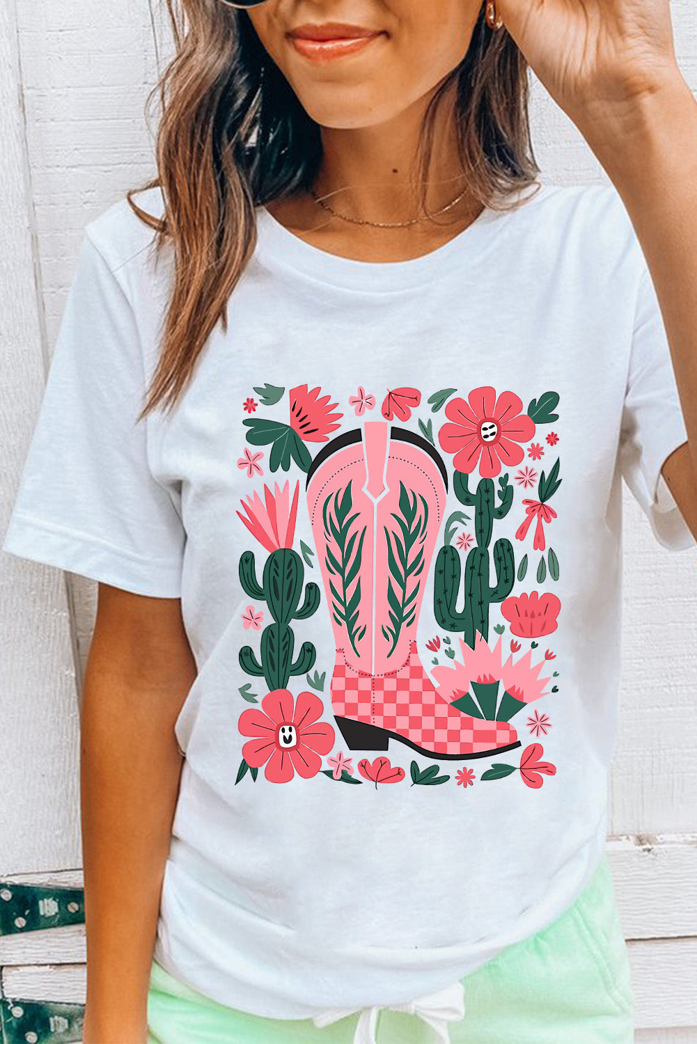 White Western Boots Flower Print Round Neck T-Shirt