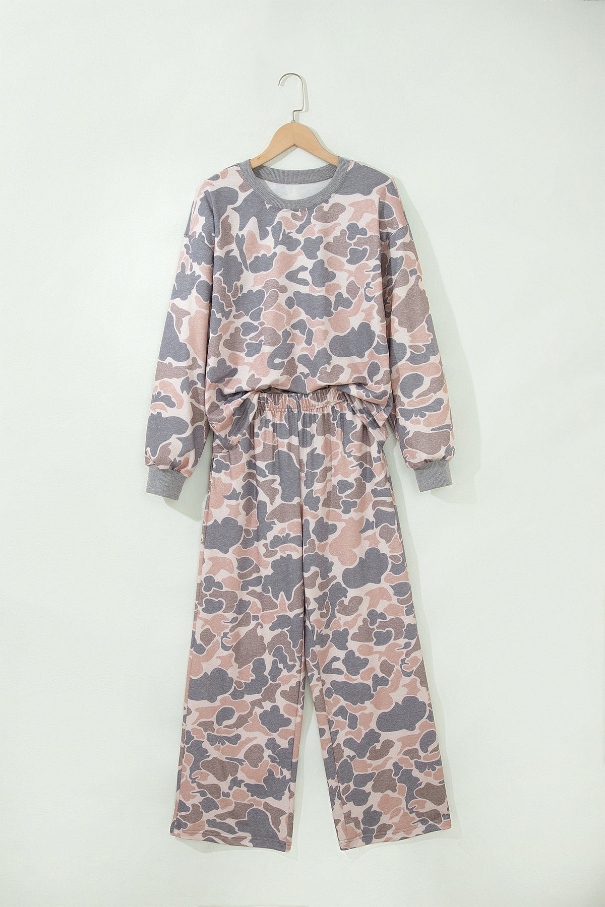 Women's Multicolour Camouflage Print Long-Sleeve Top Loose Two-Piece Pants Set