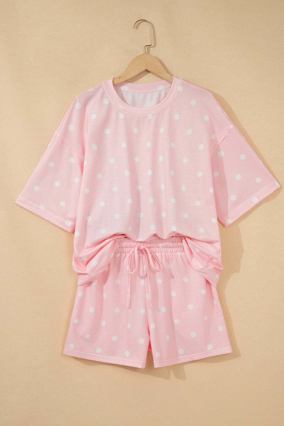Women's Pink Polka Dot Short-Sleeve Loose Top Drawstring Shorts Set