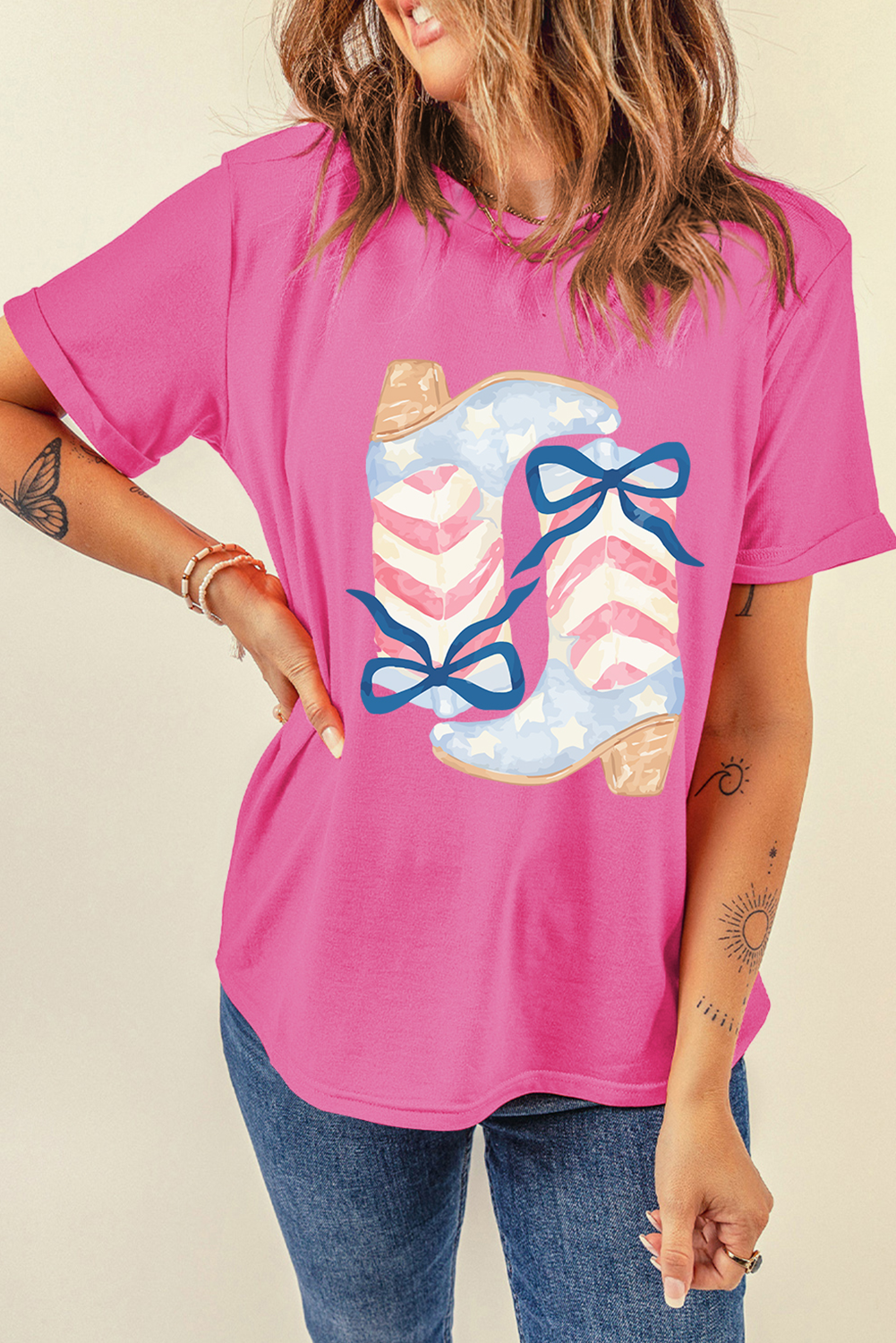 Sachet Pink Flag Pattern Boots Bow Accent Casual Graphic Tee