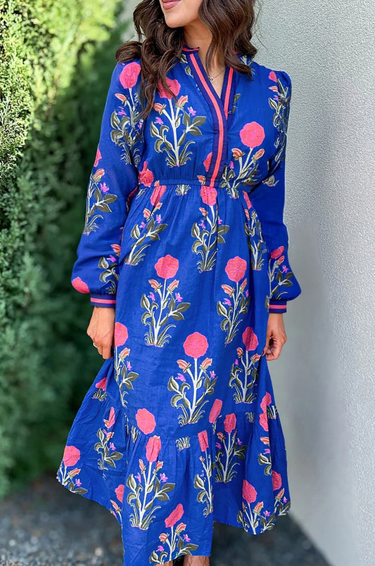 Blue Floral Print Striped Split Neck Long Sleeve Ruffle Hem Midi Dress