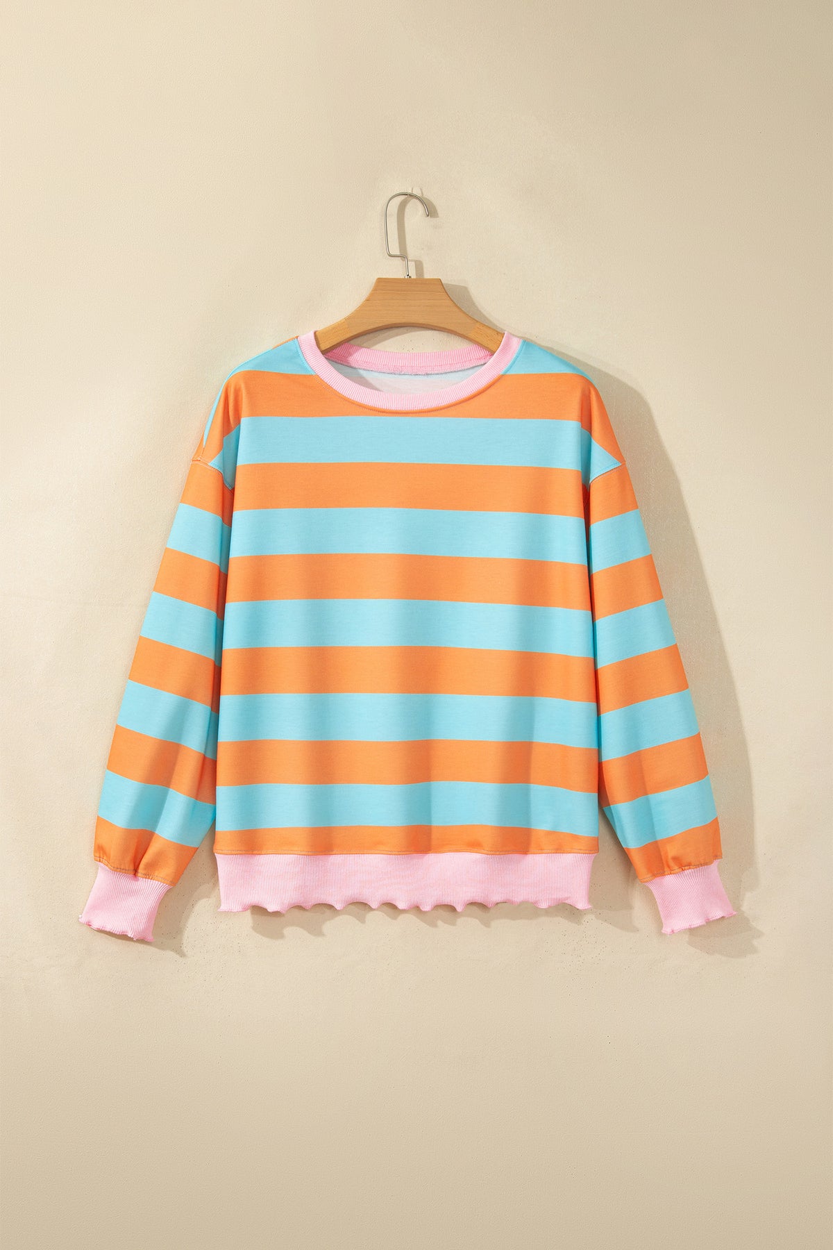 Orange Stripe Ribbed Color Block Trim Round Neck Shift Top