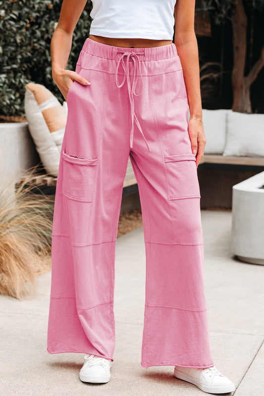 Bonbon Mineral Wash Exposed Seam Drawstring Elastic Waistband Wide Pants