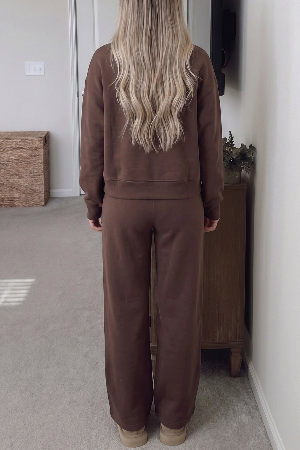Women's Coffee Piping Trim Mock Neck Pullover Drawstring Pants Set