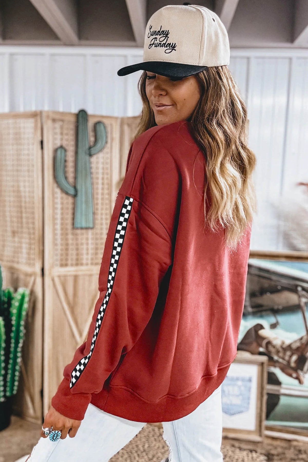 Mineral Red Checkered Trim Long Sleeve Shift Sweatshirt