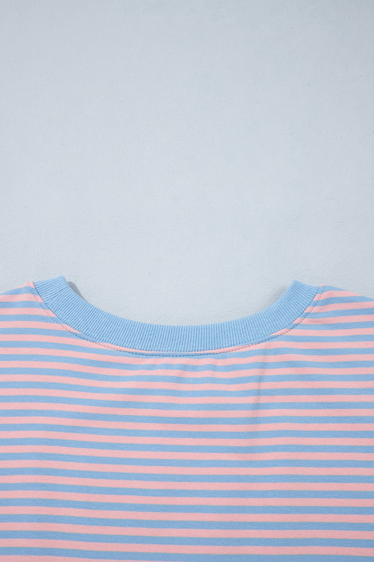 Sky Blue Stripe Colorblock Scalloped Trim 3/4 Sleeve Top