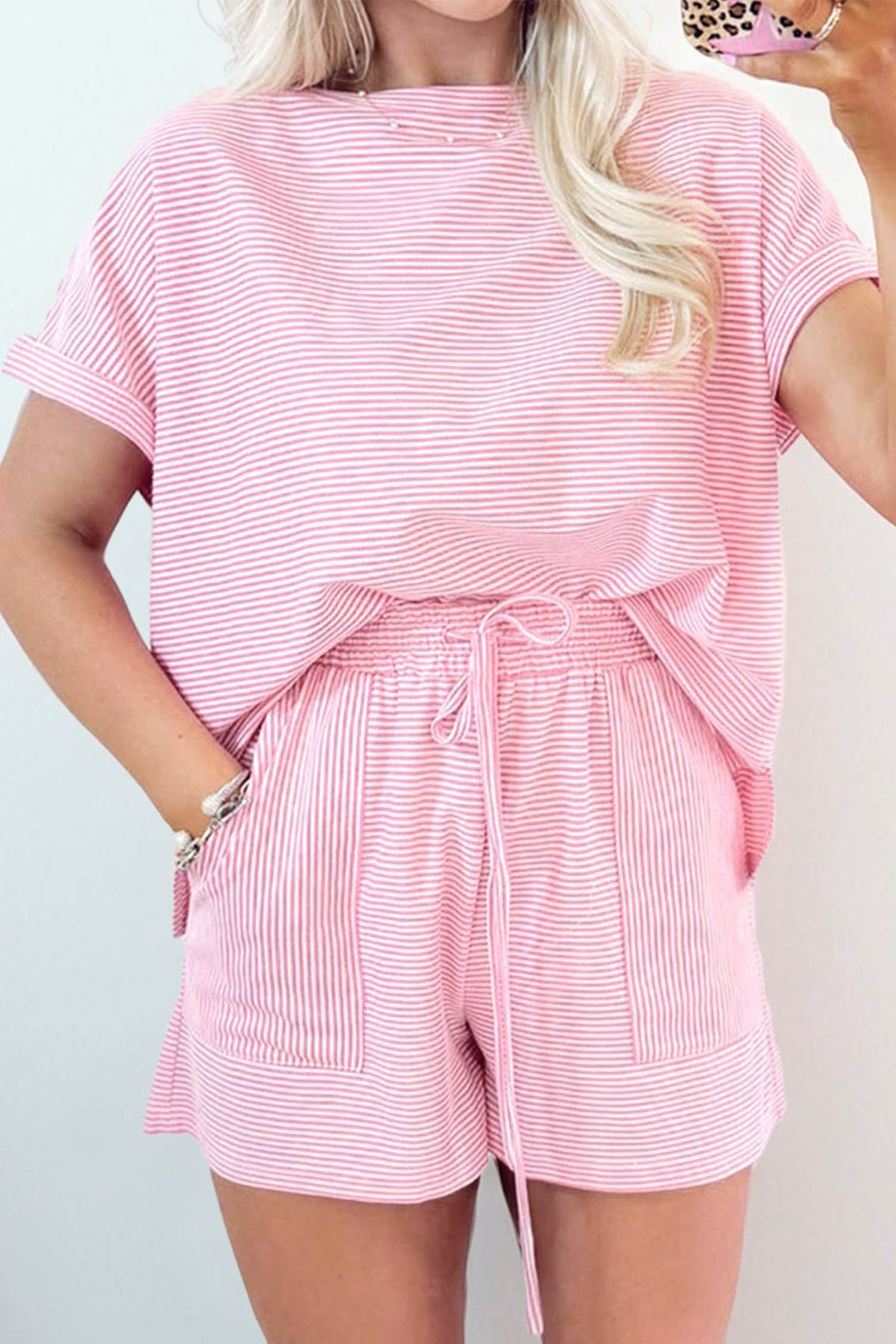 Women's Pink Stripe Matching Oversized Tee and Shorts Set