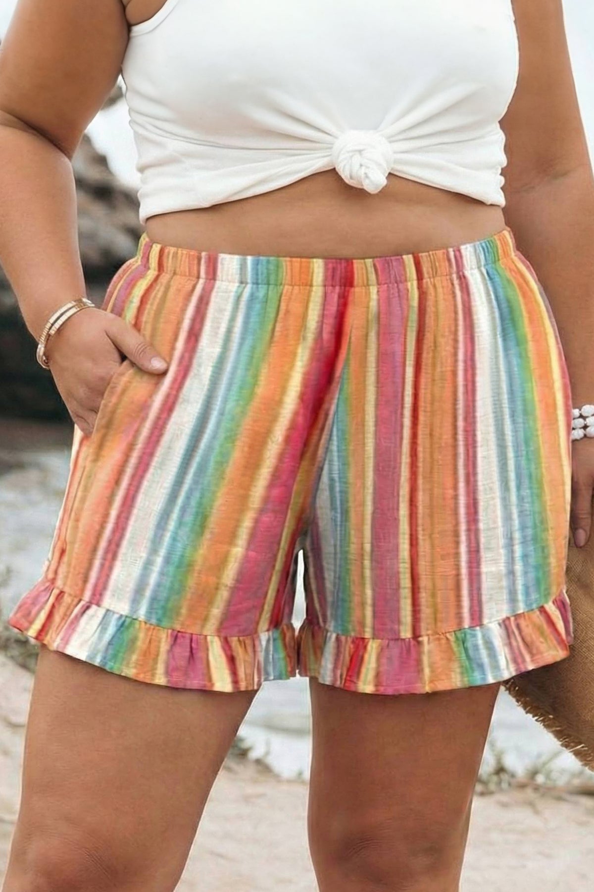 Orange Stripe Plus Size Elastic-Waist Ruffle Hem Shorts