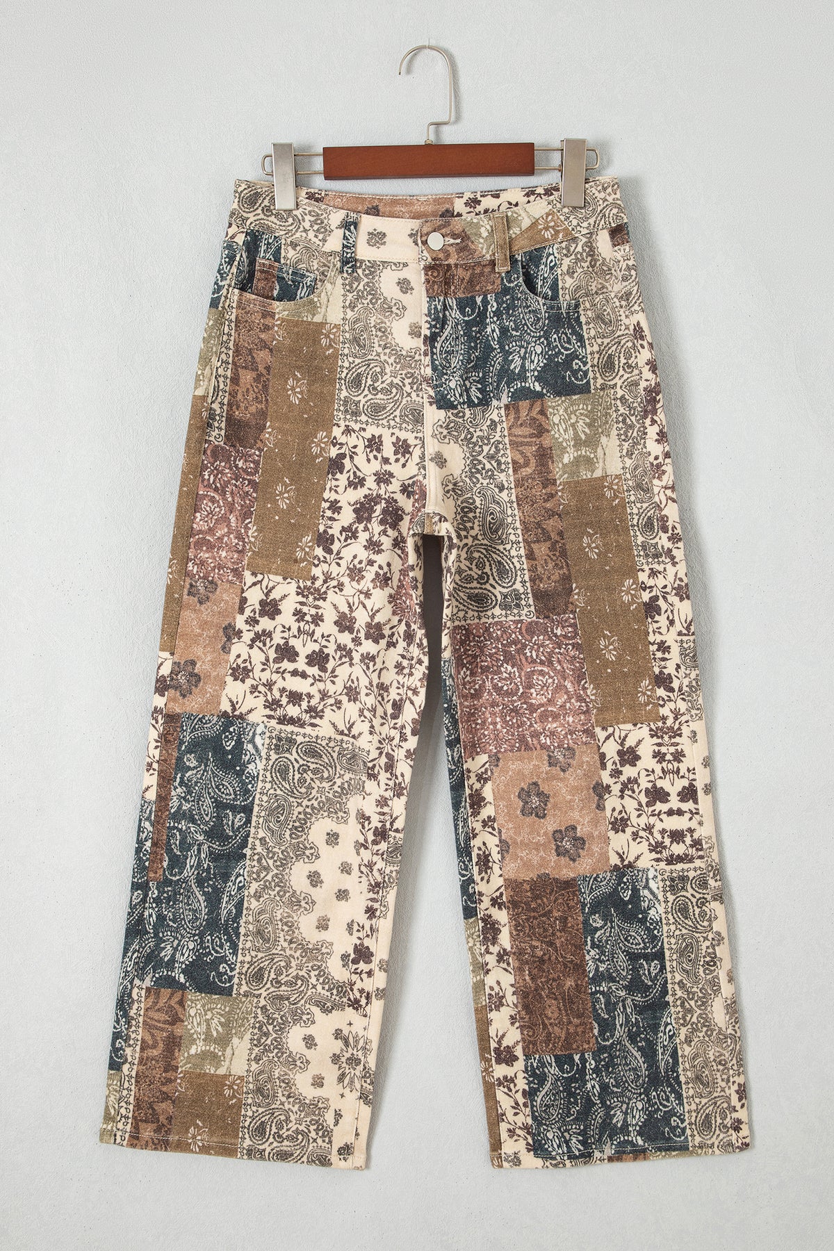 Khaki Patchwork Print Casual Shift Jeans