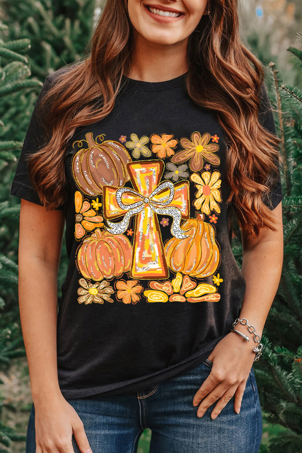 Black Thanksgiving Pray Cross Pumpkin Graphic Cotton Blend Tee
