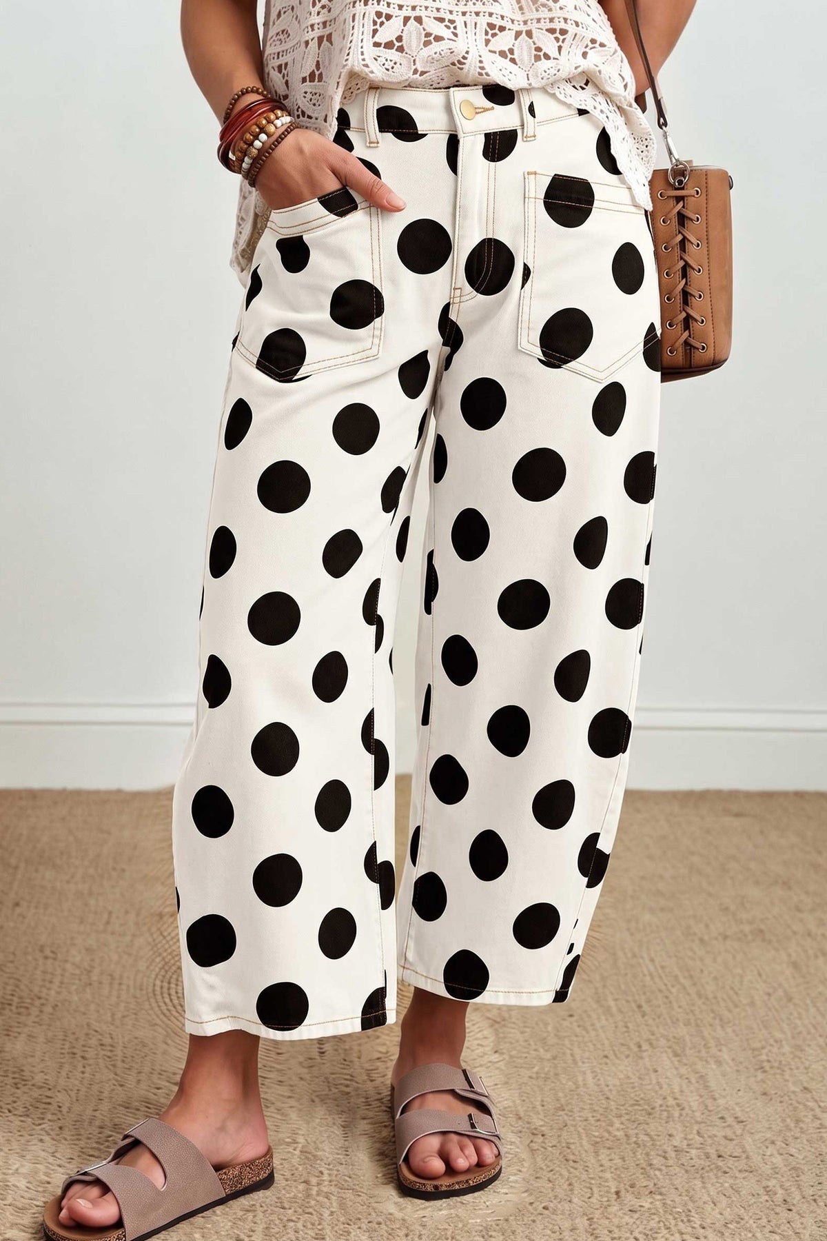 White Polka Dot Ankle Length Barrel Jeans