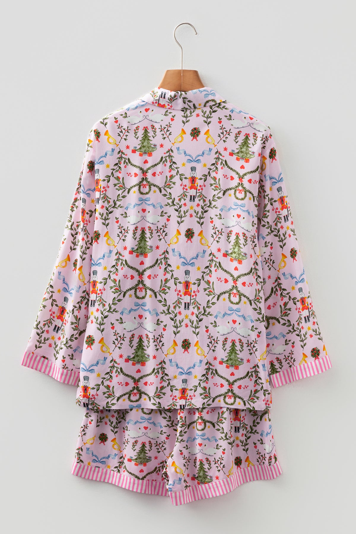 Pink Nutcracker Christmas Print Long Sleeve Shorts Pajama Set
