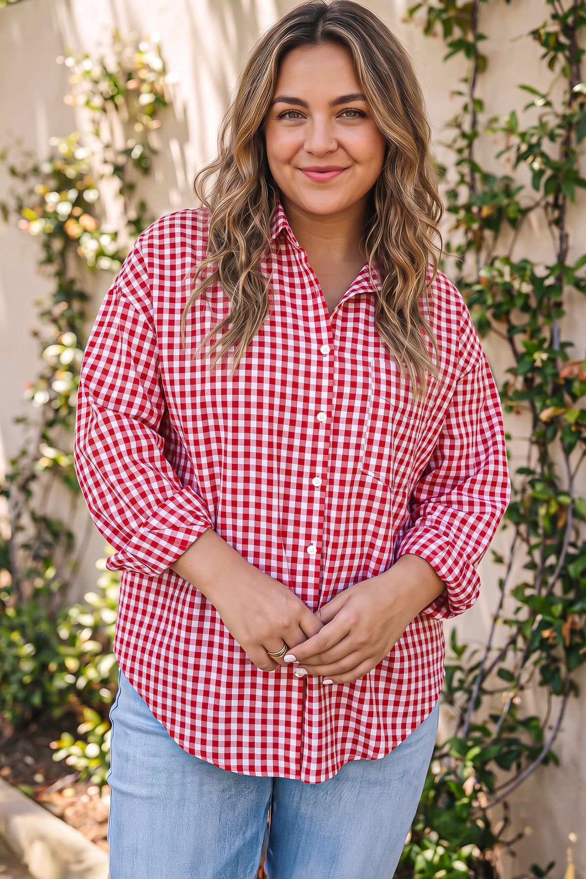 Red Plaid V-Neck Long-Sleeve Tunic Loose Fit Plus Size Shirt