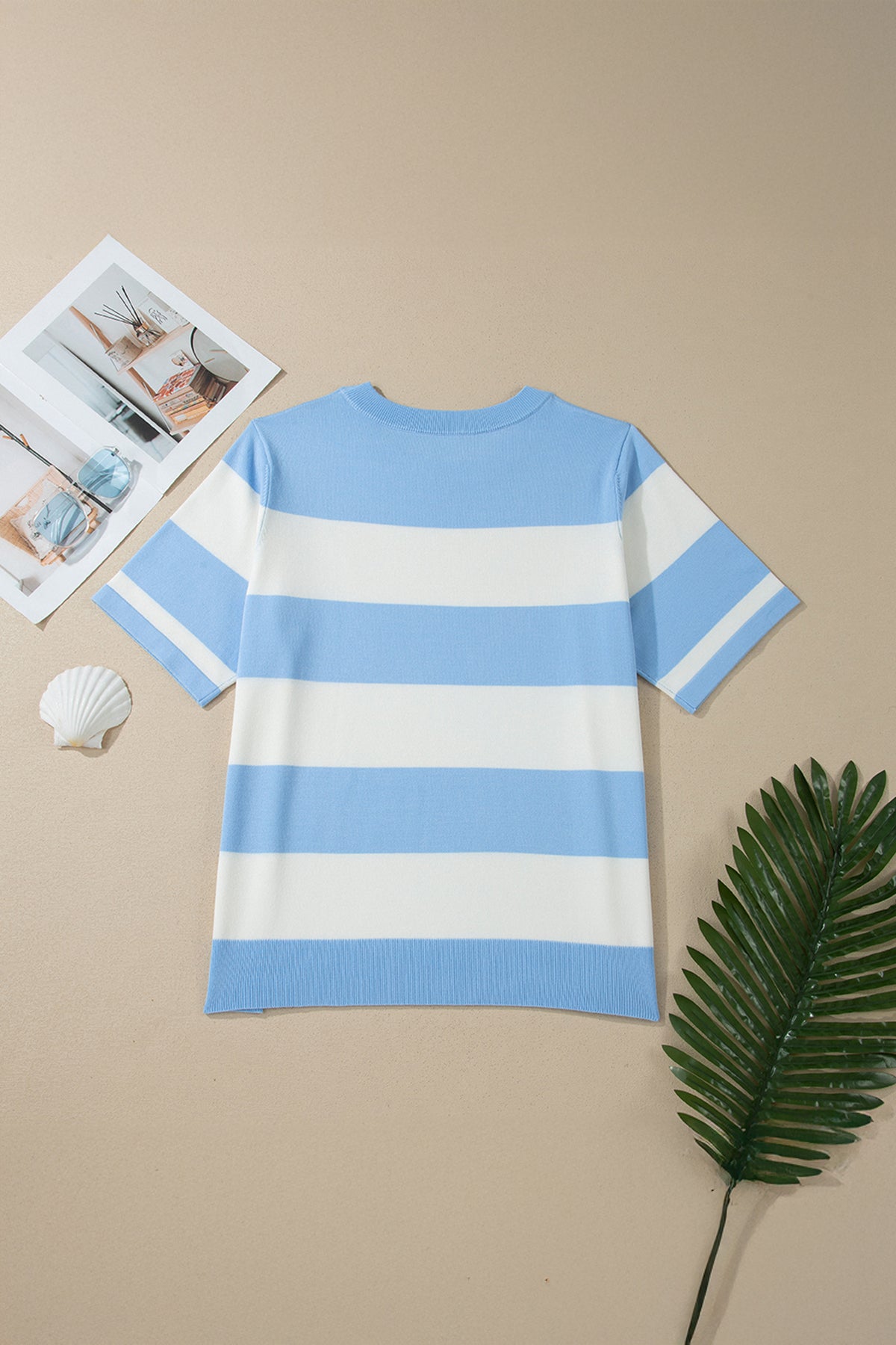 Sky Blue Stripe Color-Block Plus Size Short-Sleeve Sweater